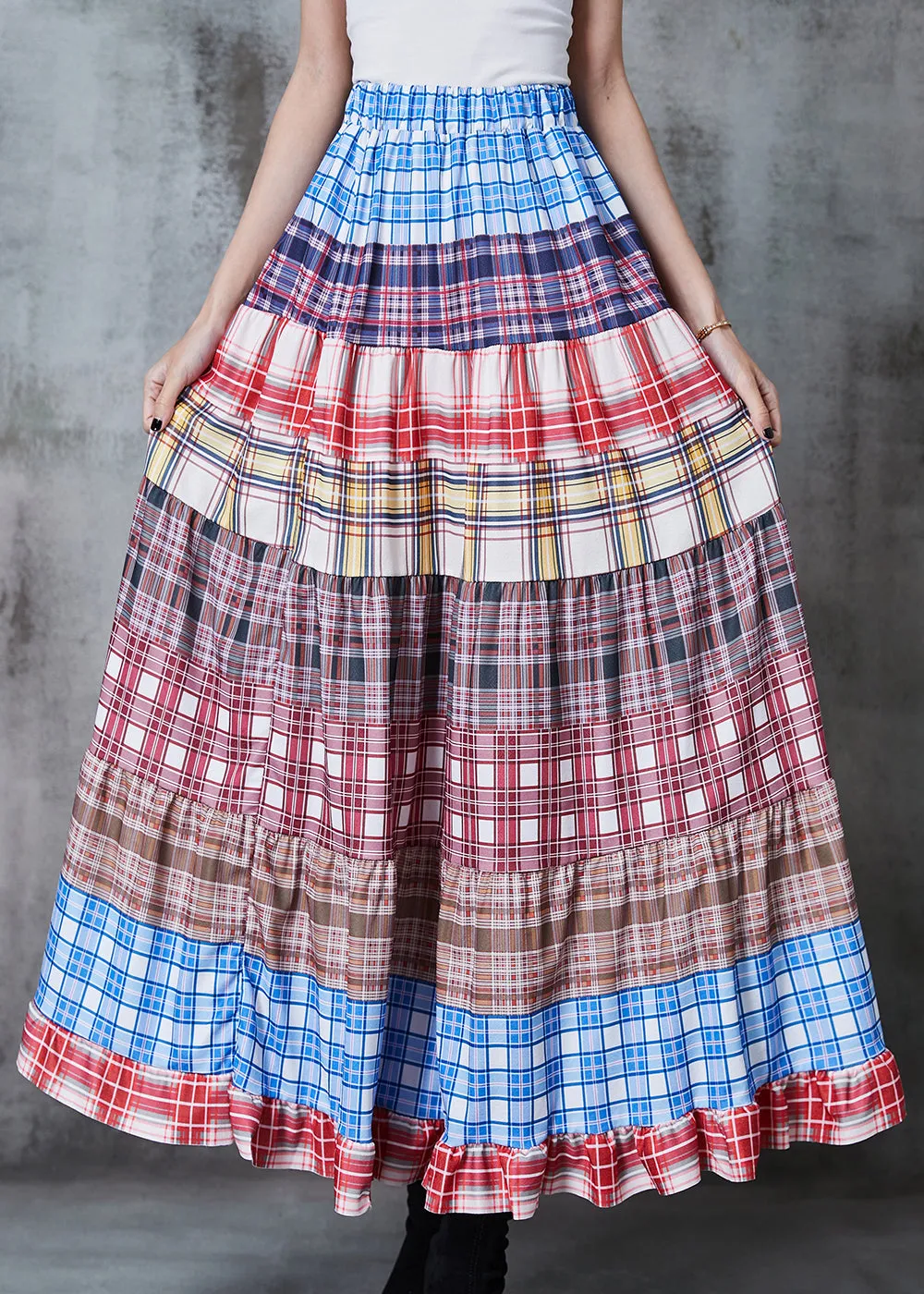 Plaid Extra Large Hem Summer Colorblock Patchwork Cotton Skirts