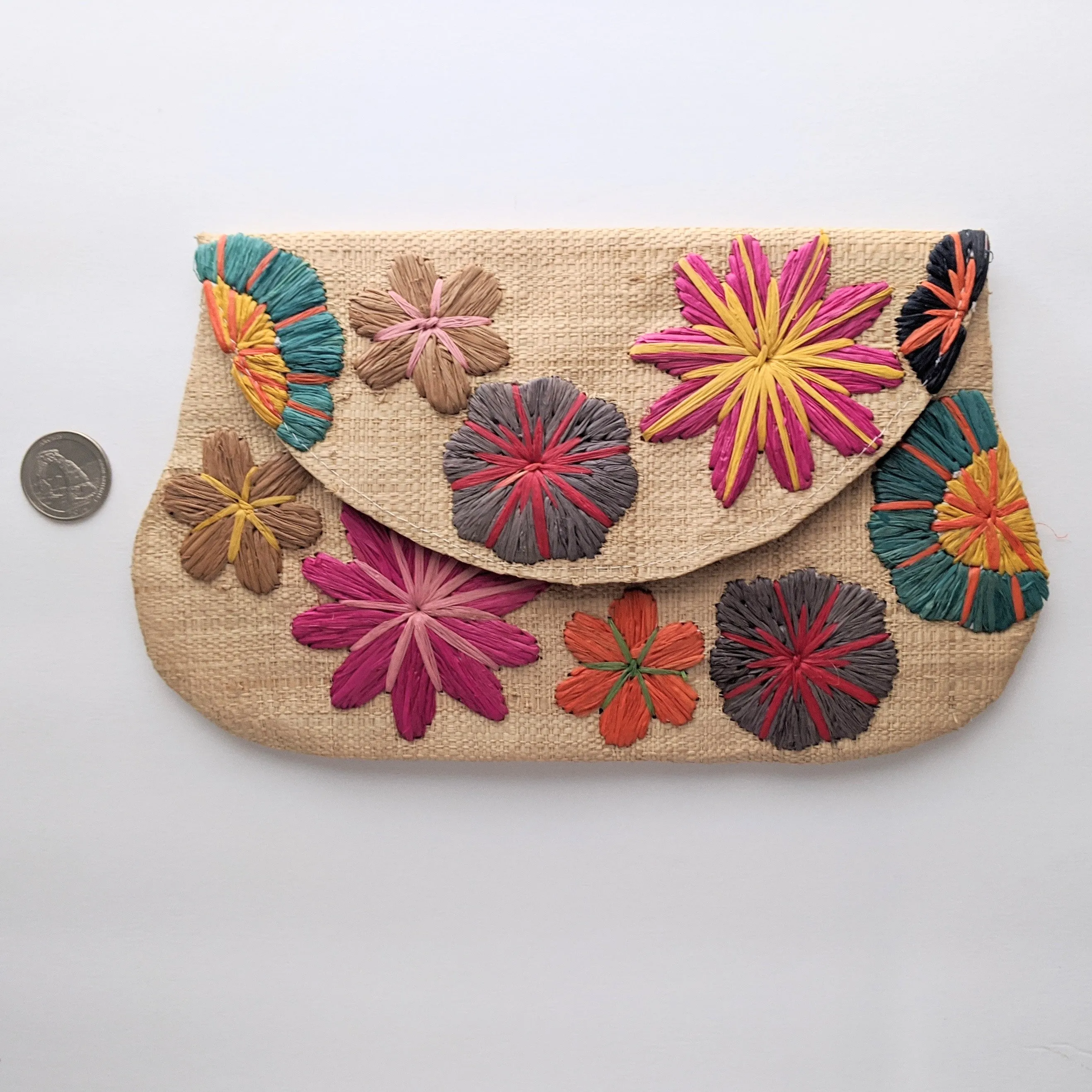 Vibrant Flower Embroidered Raffia Mini Clutch | Soava