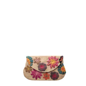 Vibrant Flower Embroidered Raffia Mini Clutch | Soava