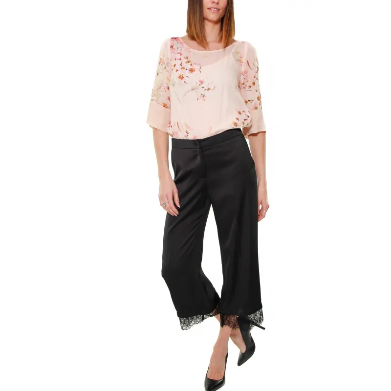 PANTALONE Cropped INSERTO PIZZO, NERO