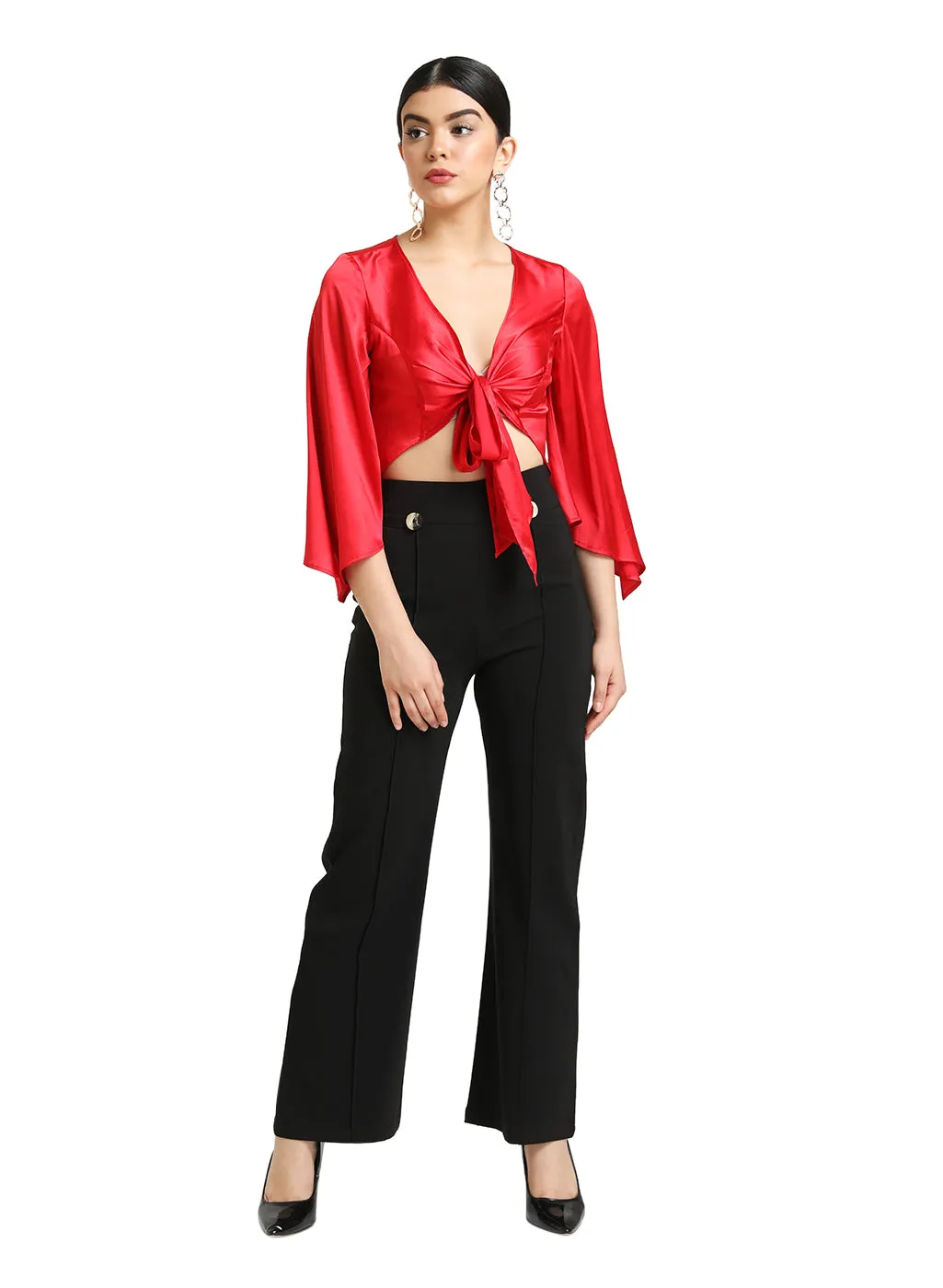 Cropped Tie-Up Front Blouse