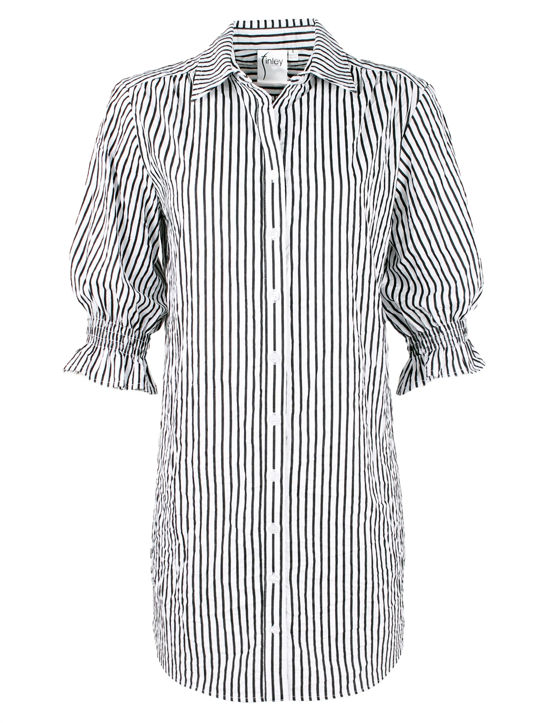 Black and White Striped Shirt Dress with Puff Sleeves