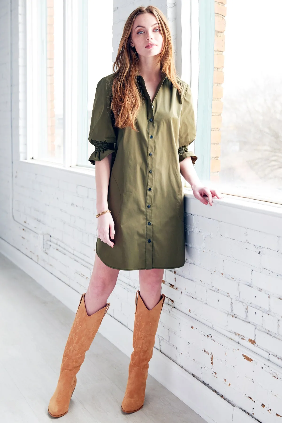 Black and White Striped Shirt Dress with Puff Sleeves