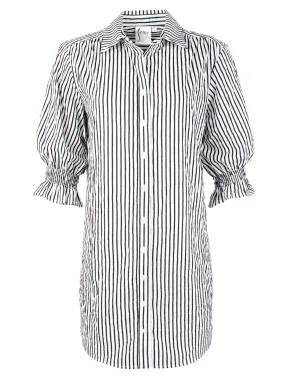 Black and White Striped Shirt Dress with Puff Sleeves