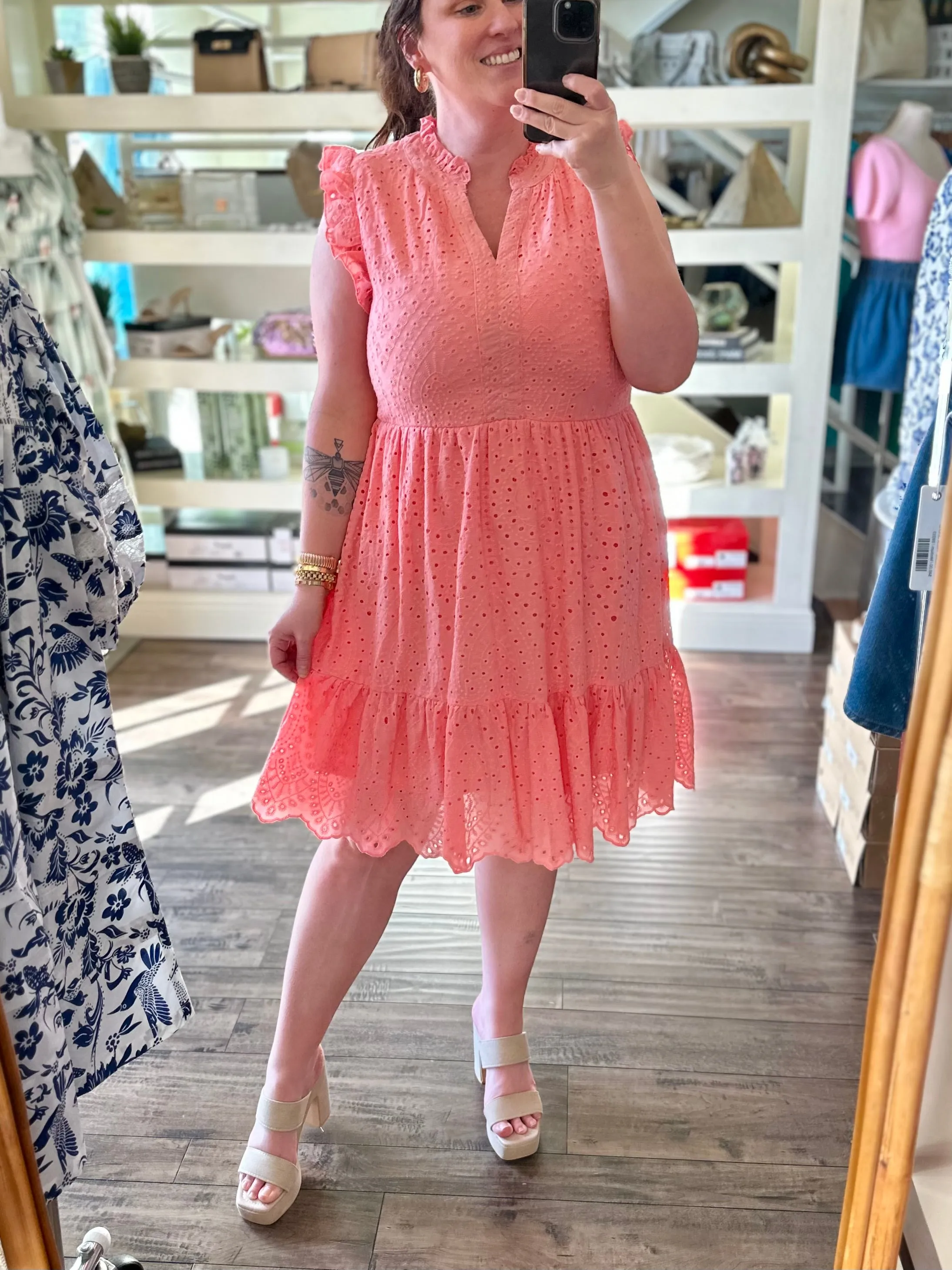 Curvy Coral Dress with Eyelet Detail