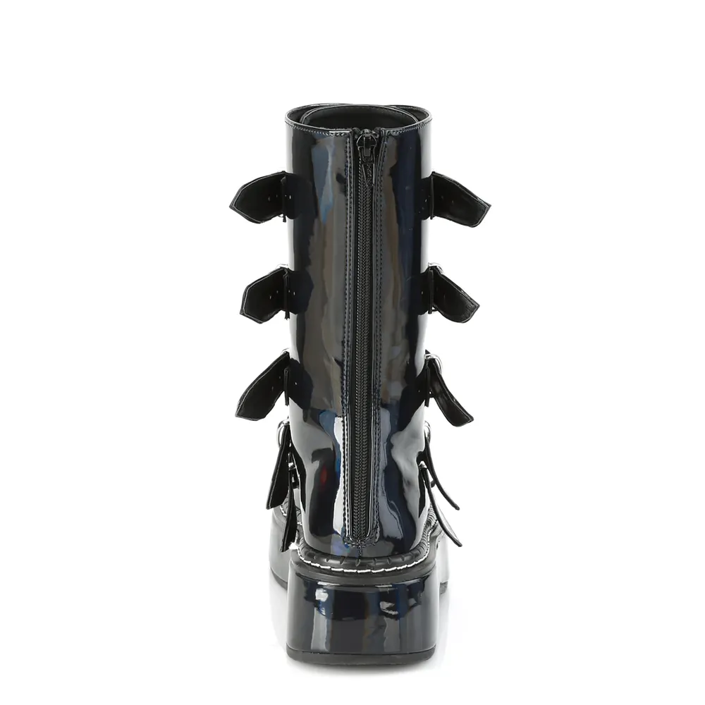 DEMONIA Holographic Buckle Boot with Heart Accents