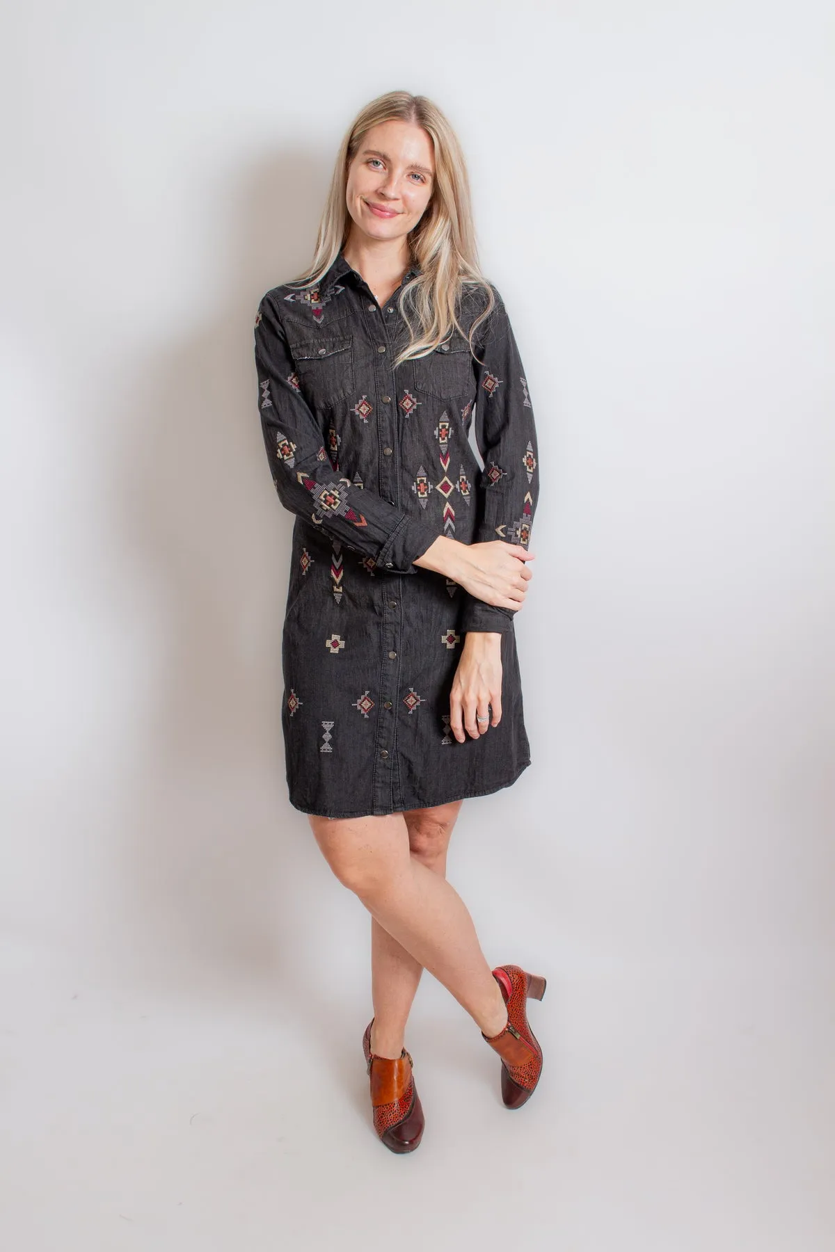 Denim Dress with Black Embroidery