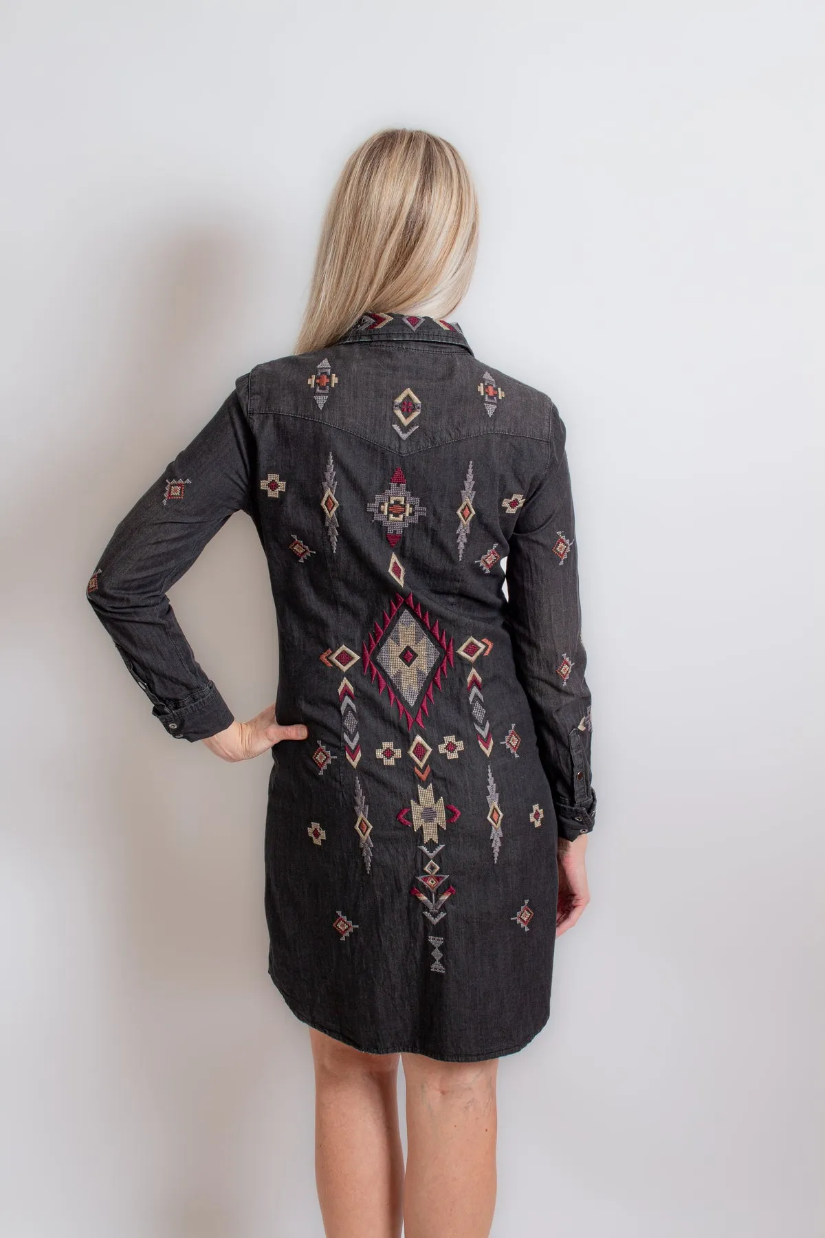 Denim Dress with Black Embroidery