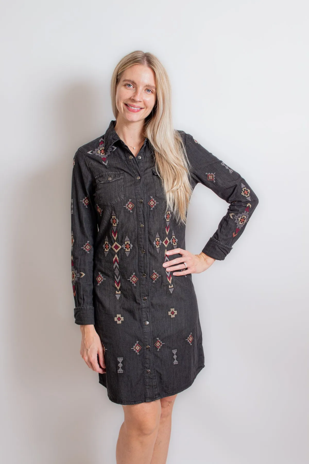 Denim Dress with Black Embroidery