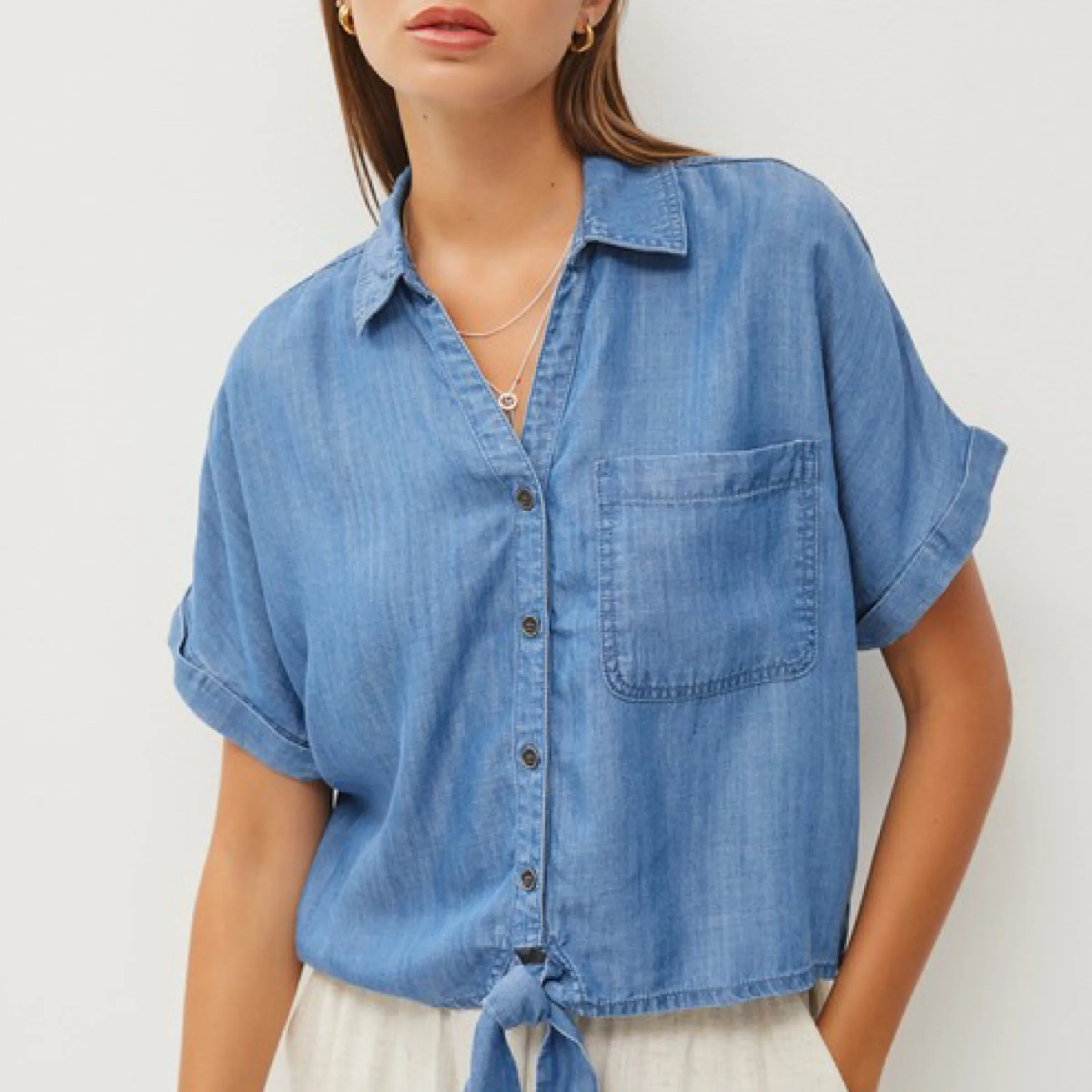 Denim Wash Short Sleeve Top for Brunch