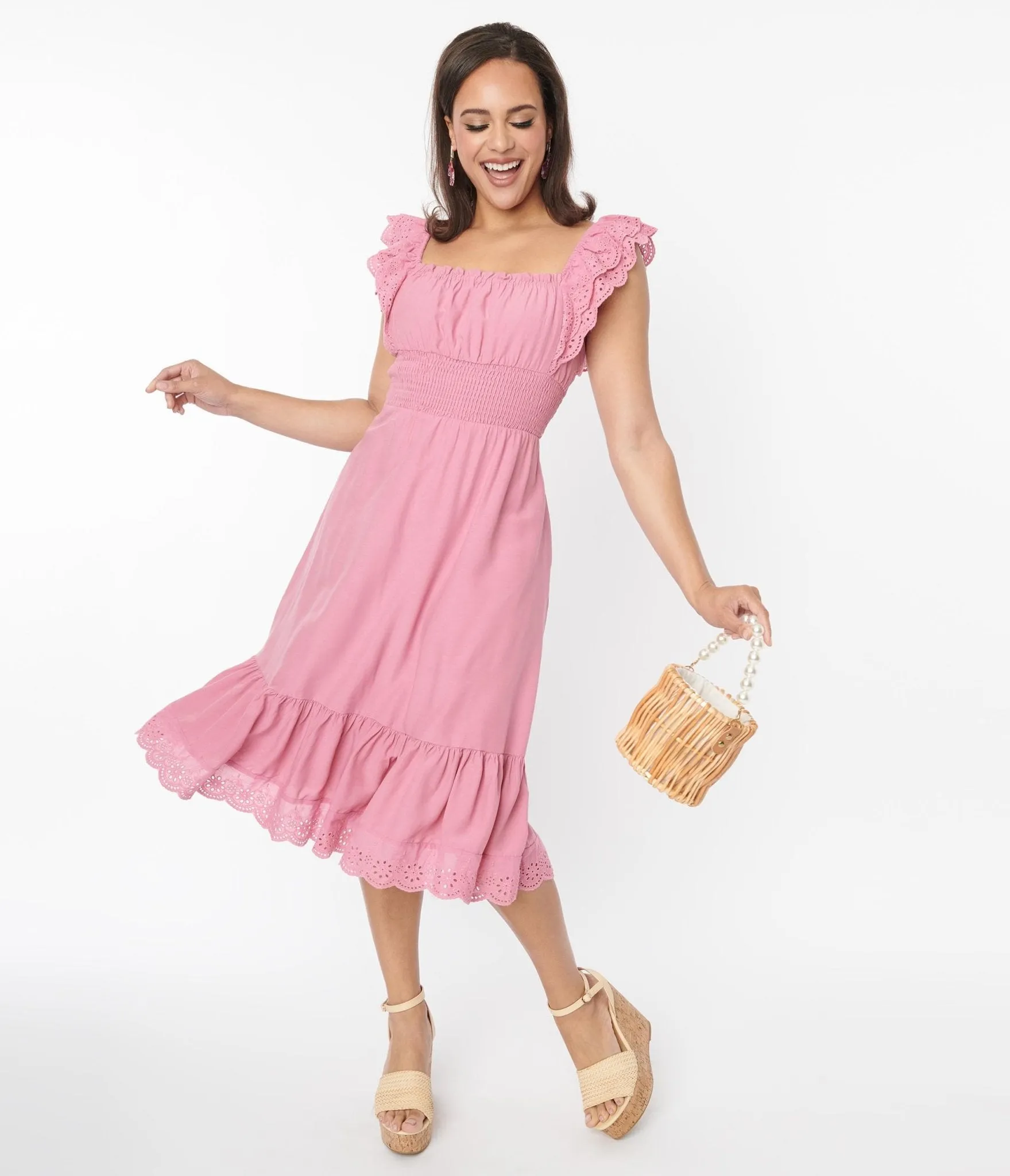 Dusty Rose Ruffle Trim Eyelet Midi Dress