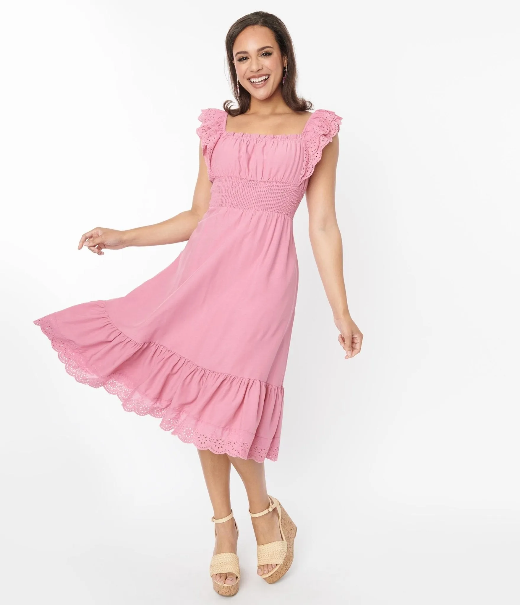 Dusty Rose Ruffle Trim Eyelet Midi Dress