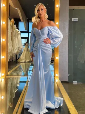 Off Shoulder Long Sleeves Mermaid Sky Blue Satin Prom Dress OL977