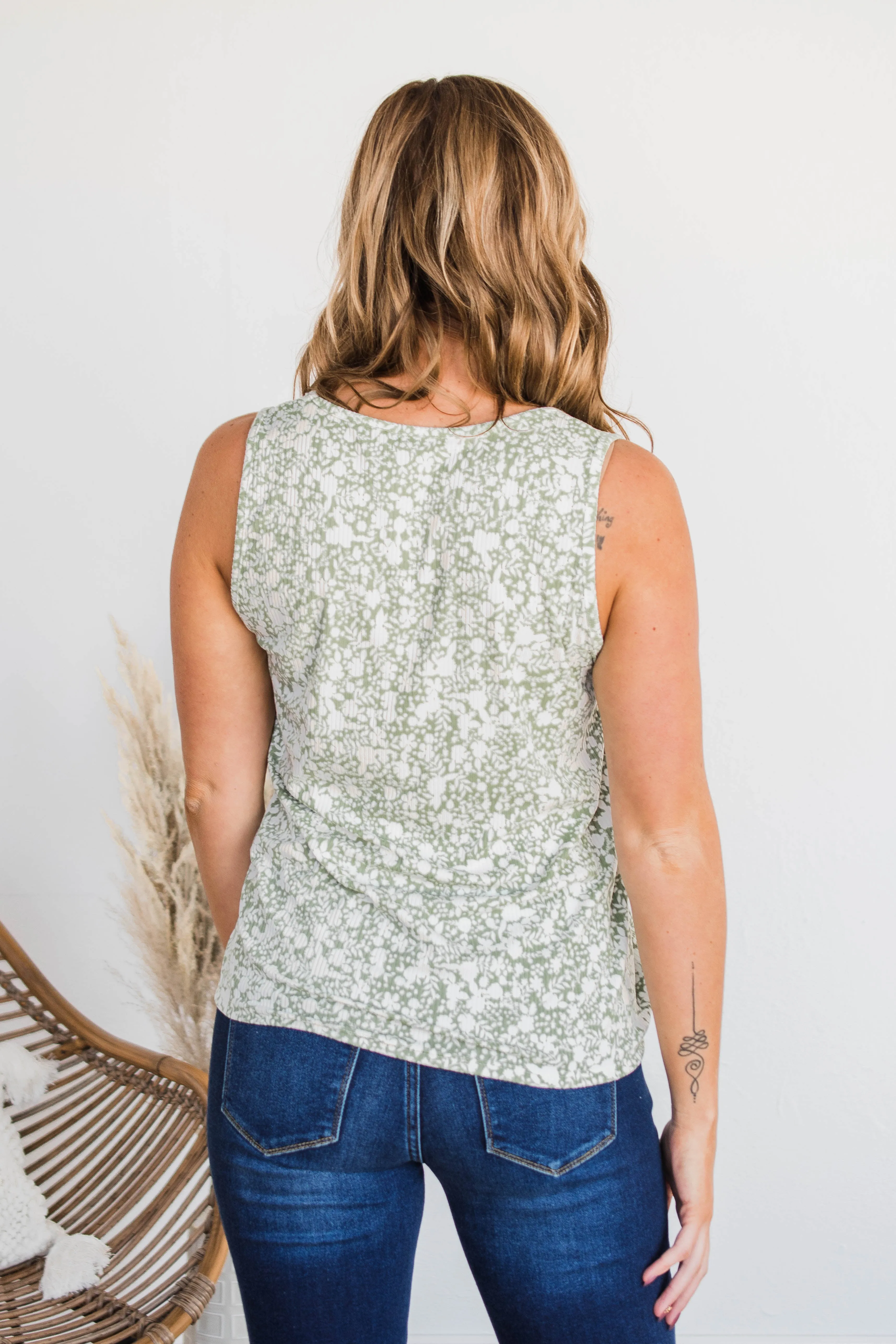 Front Tie Floral Tank in Sage Color