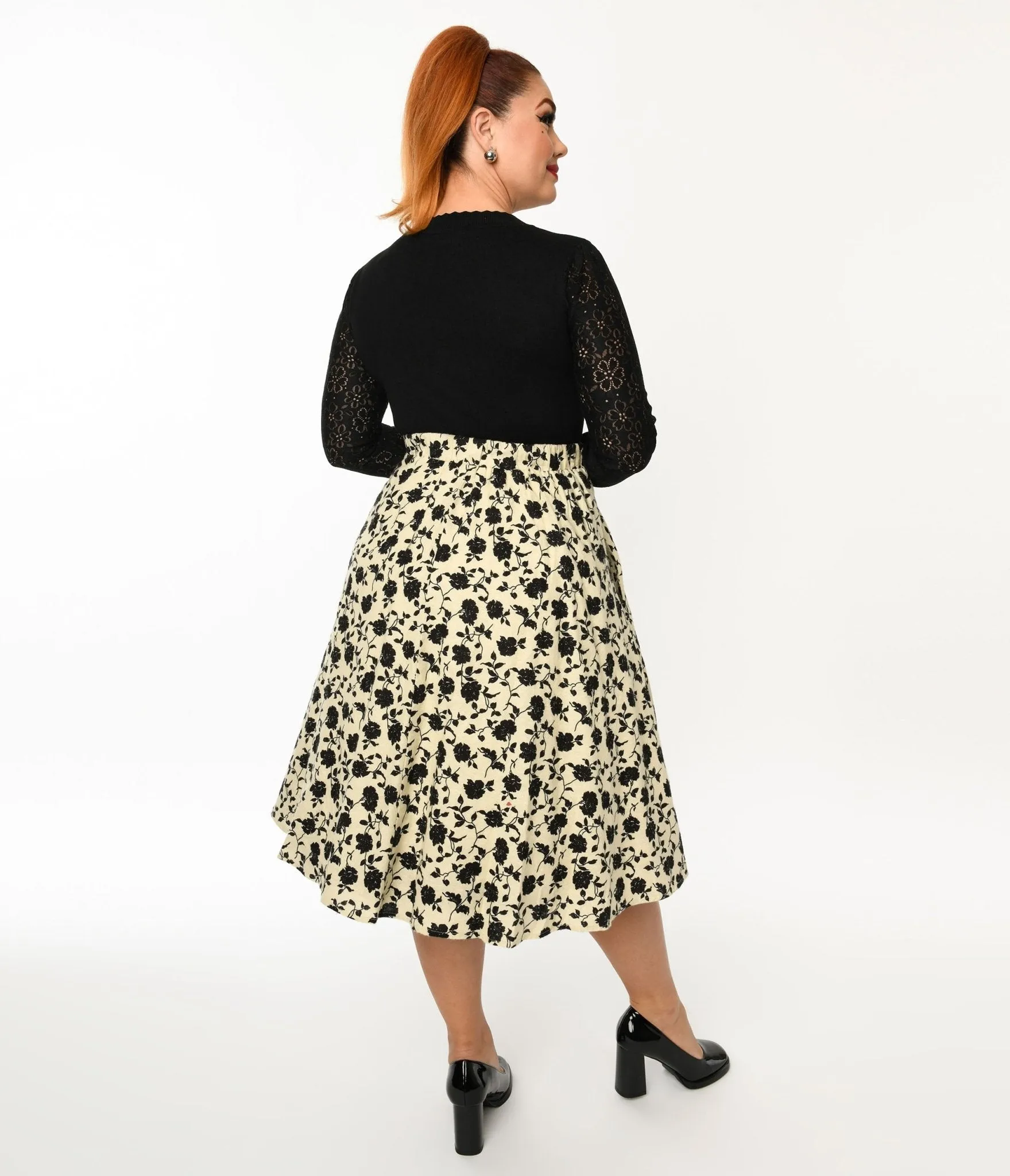 Cream & Black Floral Swing Skirt