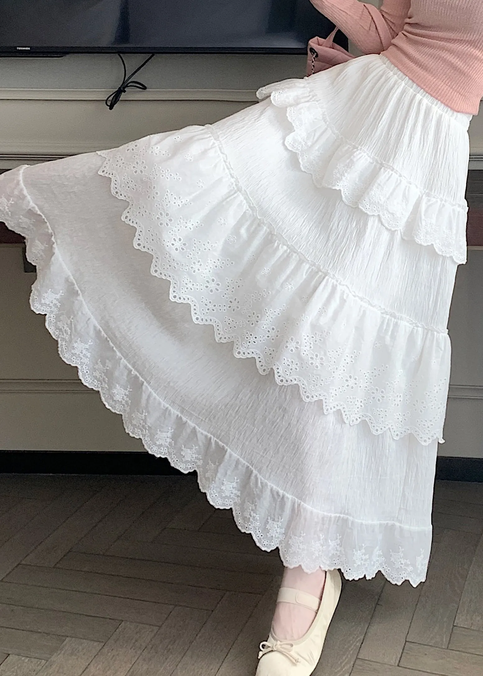 Summer French White Elastic Waist Wrinkled Cotton Skirts