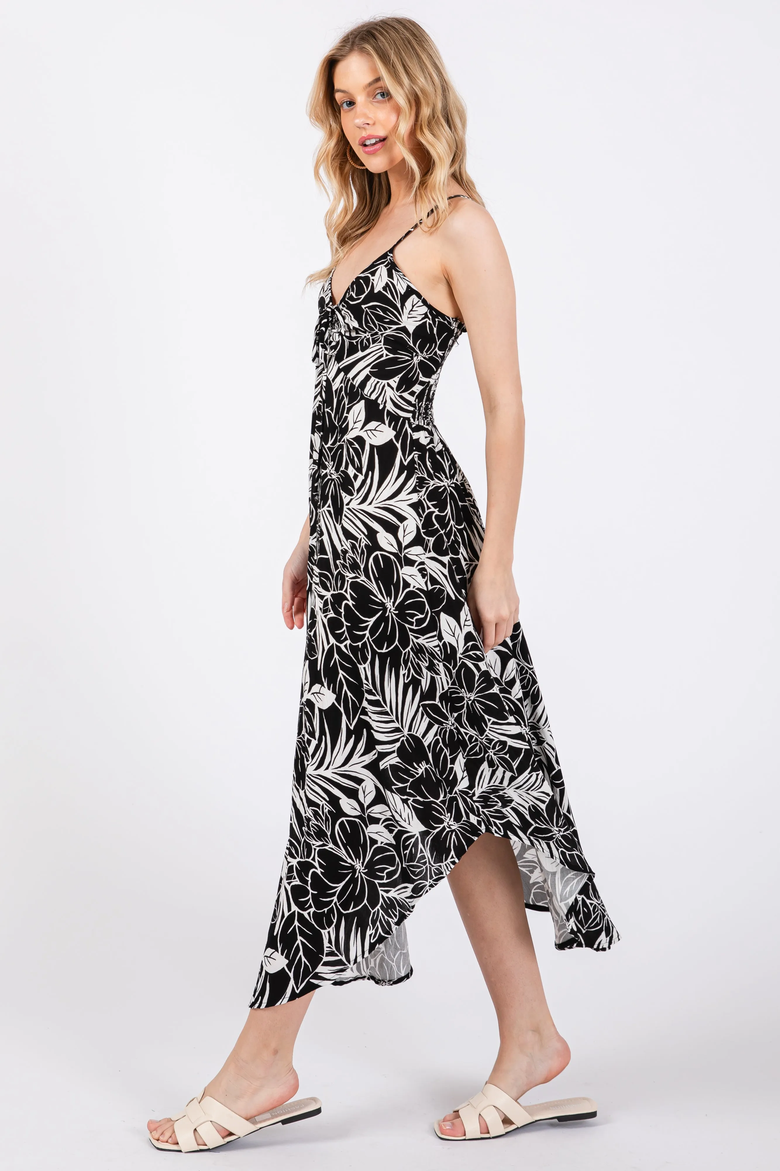 Black Midi Dress with Tropical Floral Print and Front Tie