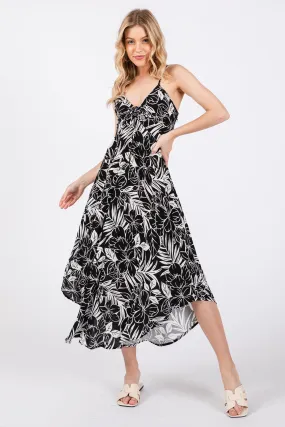 Black Midi Dress with Tropical Floral Print and Front Tie