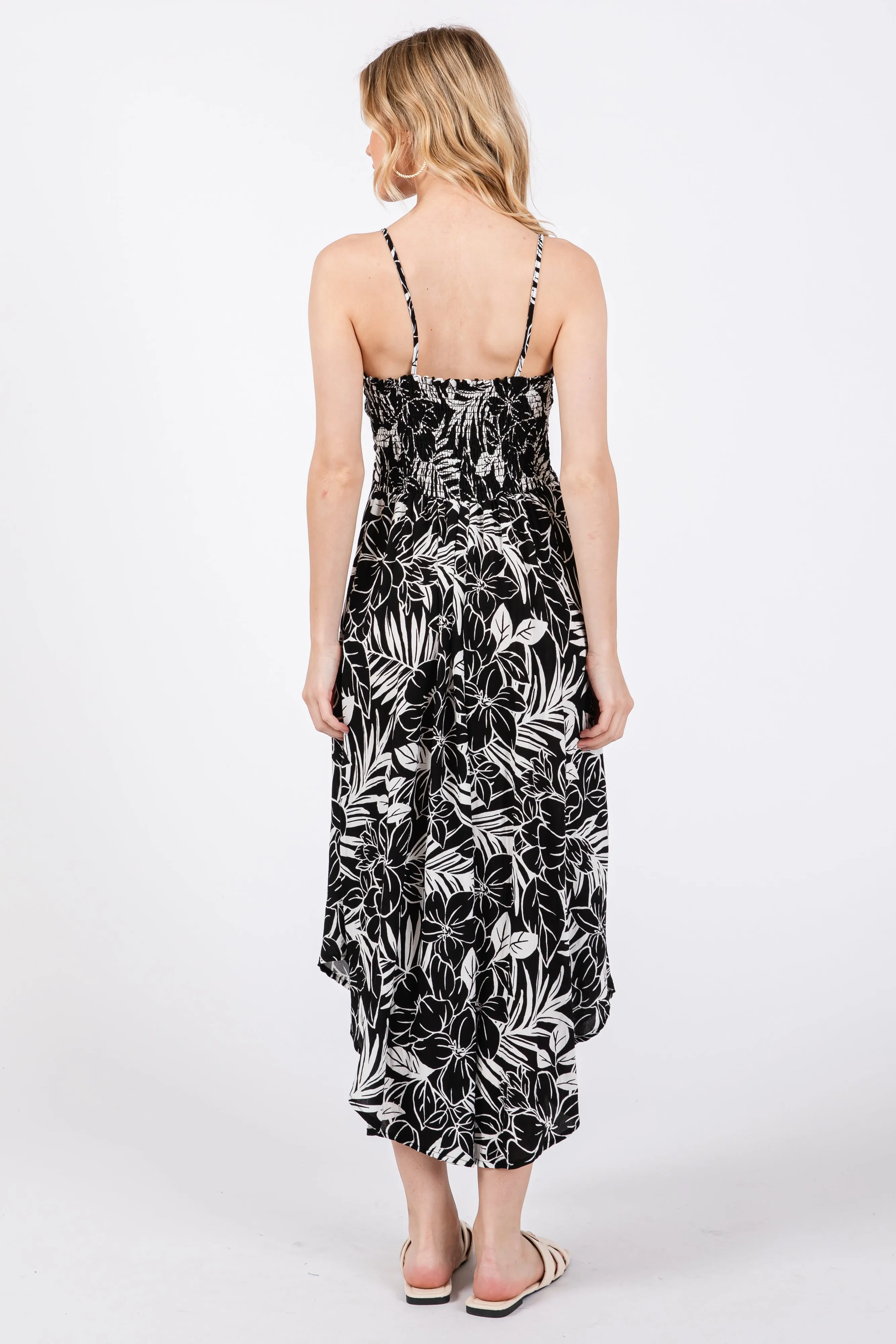 Black Midi Dress with Tropical Floral Print and Front Tie