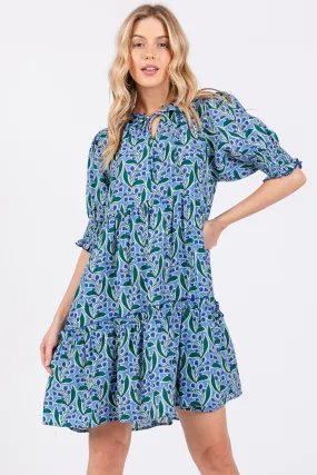 Blue Puff Sleeve Dress with Front Tie and Floral Print