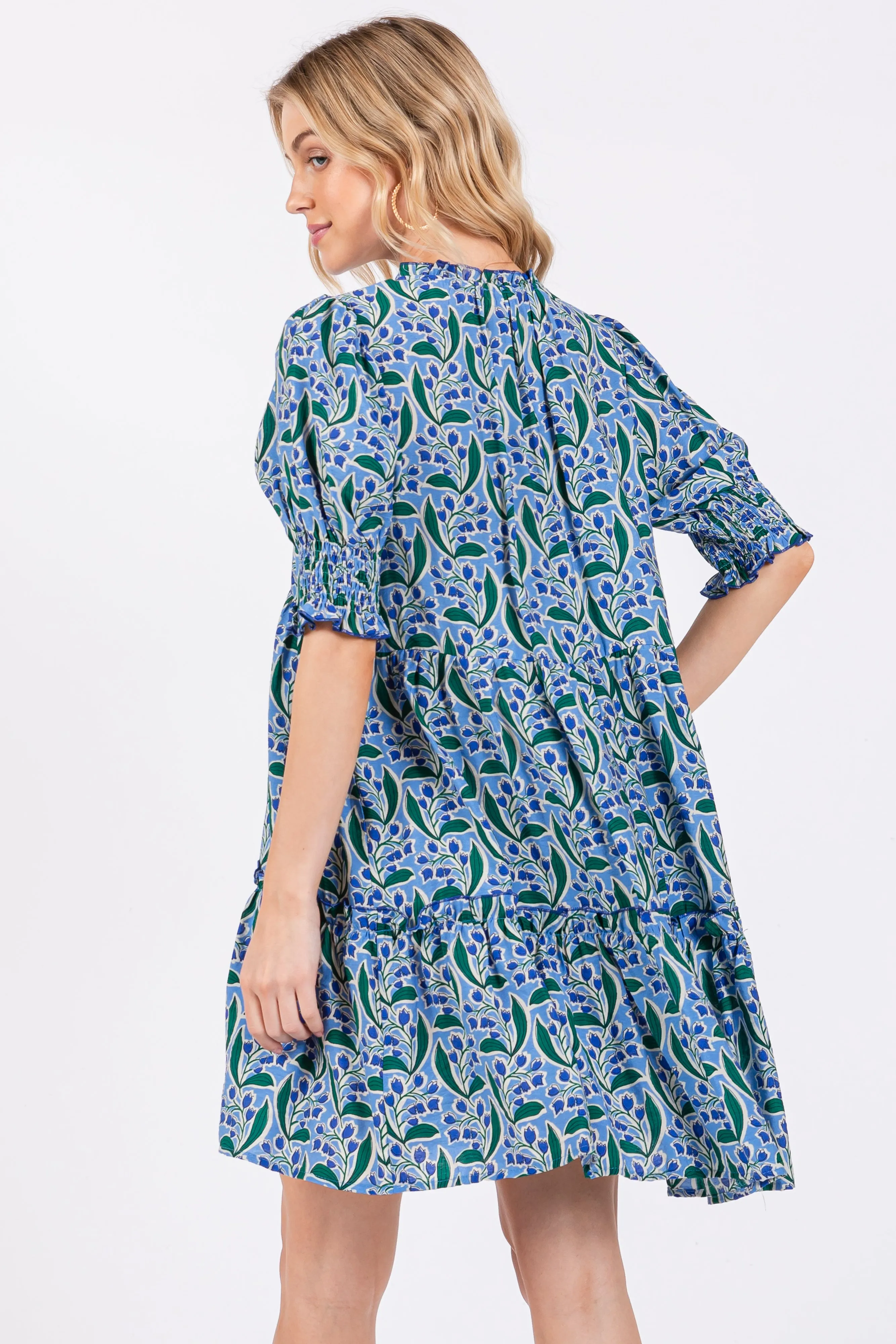 Blue Puff Sleeve Dress with Front Tie and Floral Print