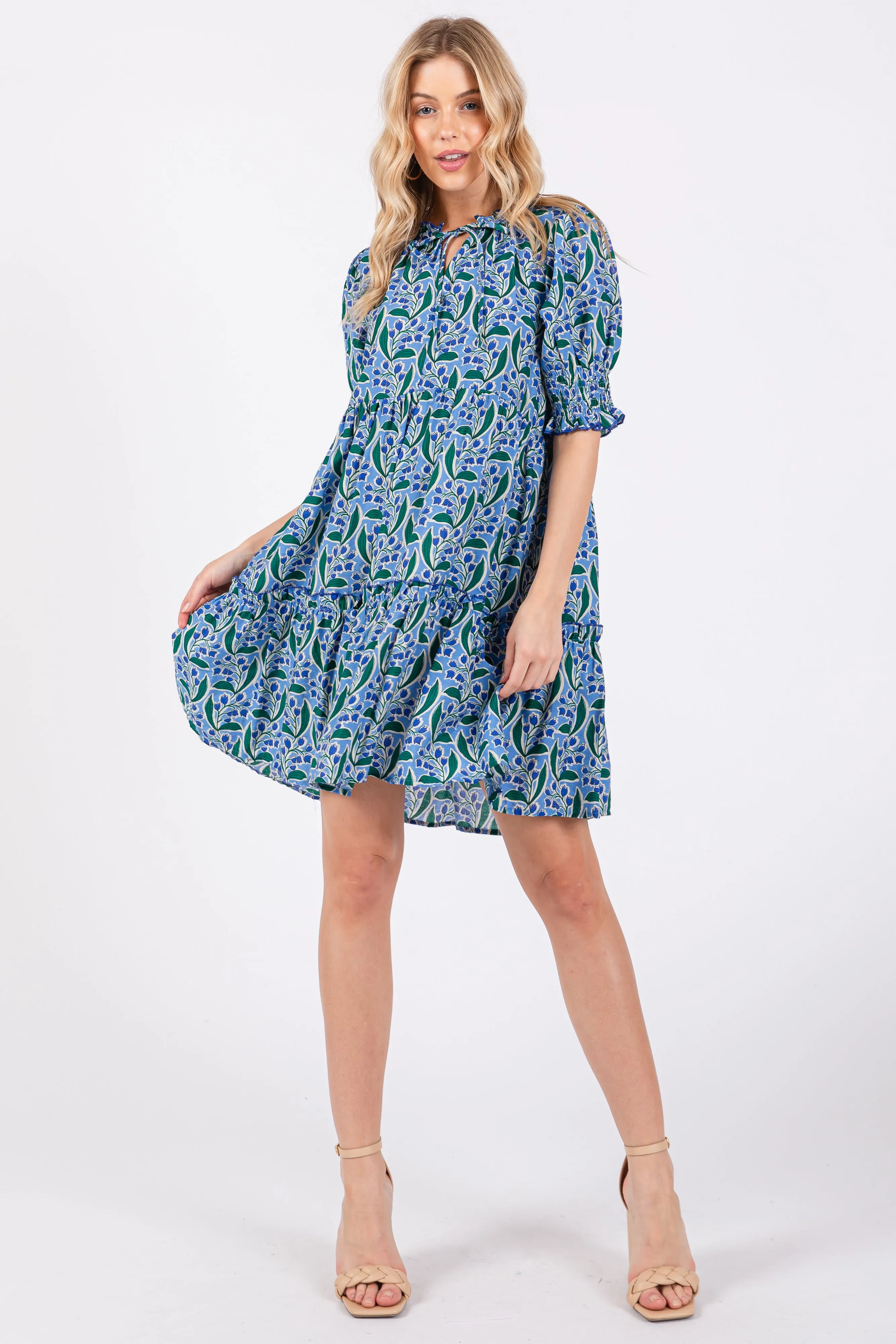 Blue Puff Sleeve Dress with Front Tie and Floral Print