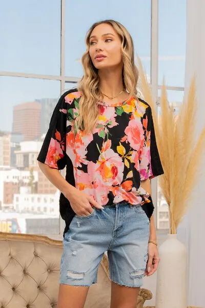 Full Size Floral Round Neck T-Shirt