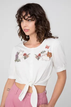 Embroidered Blouse with Garden Rabbit Design