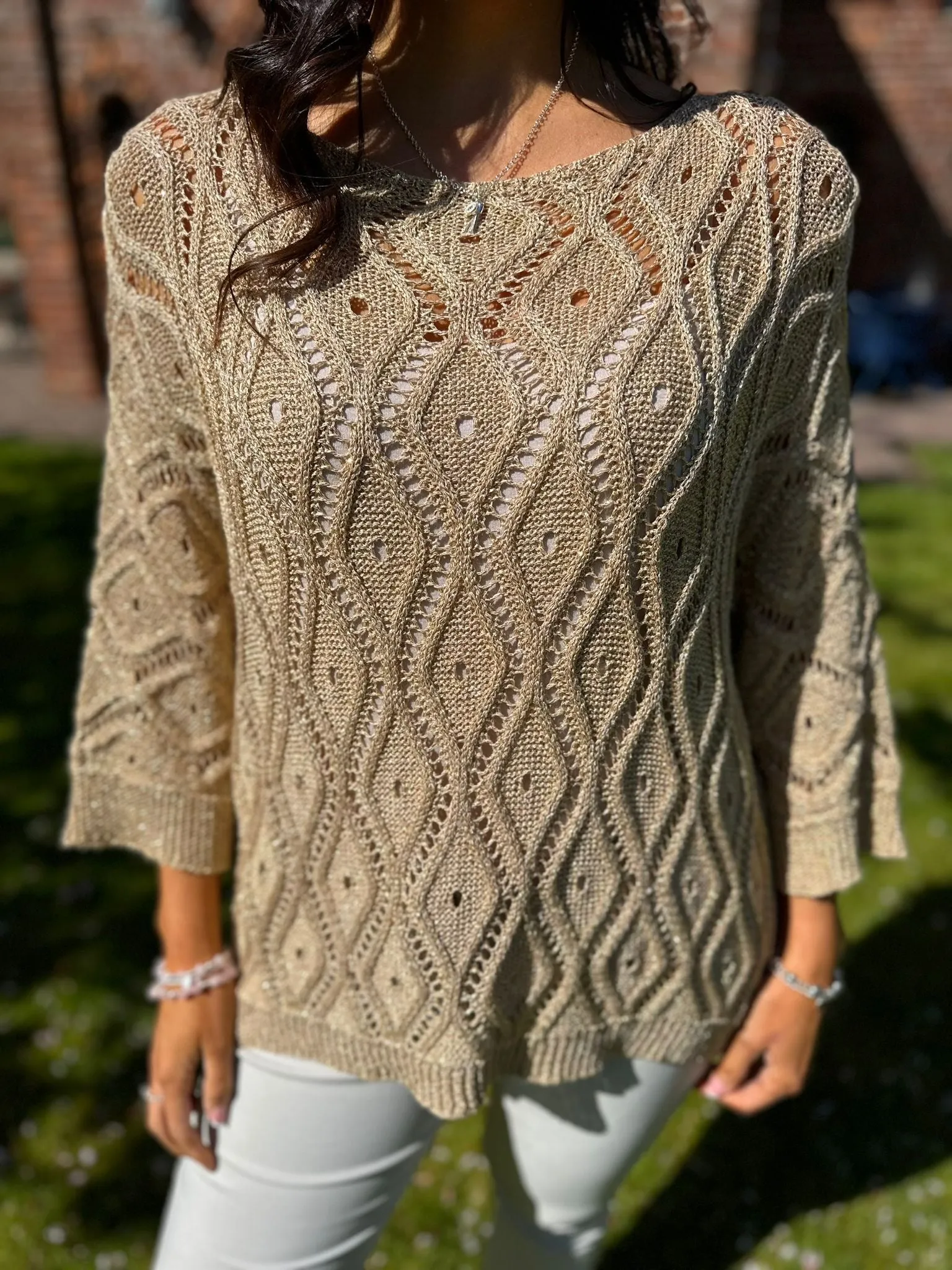 Gold Crochet Patterned Batwing Knit Dolly