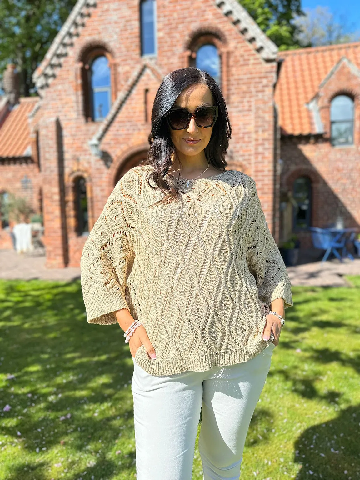 Gold Crochet Patterned Batwing Knit Dolly