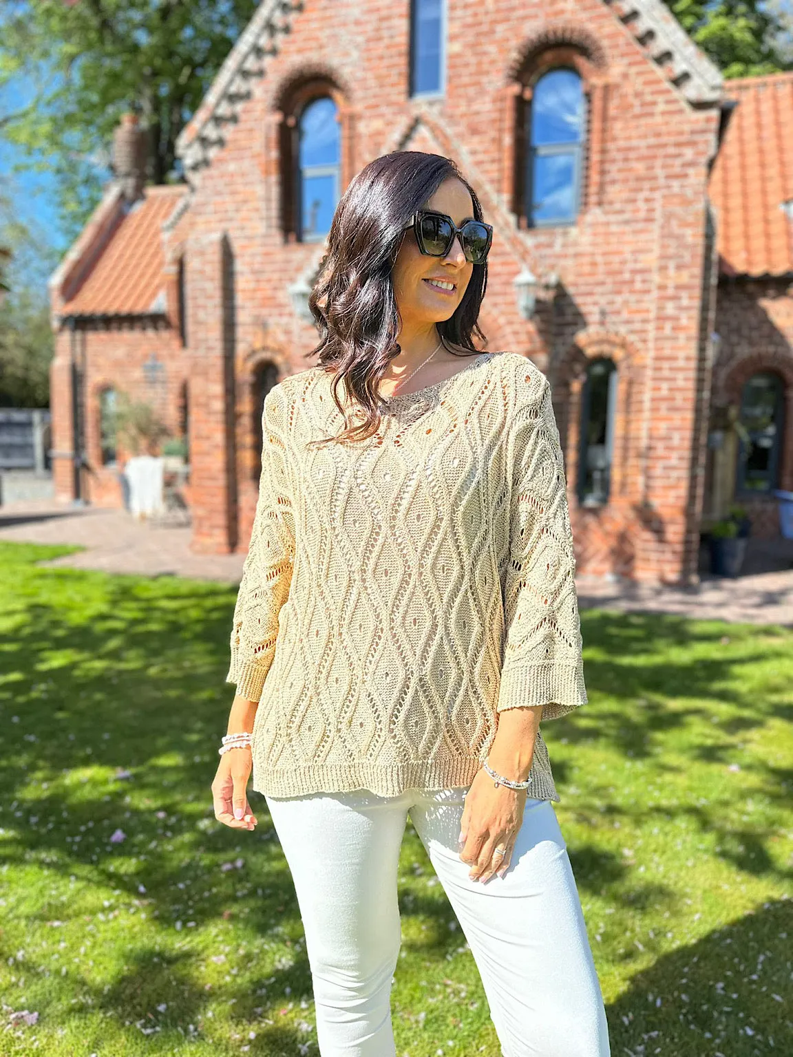 Gold Crochet Patterned Batwing Knit Dolly