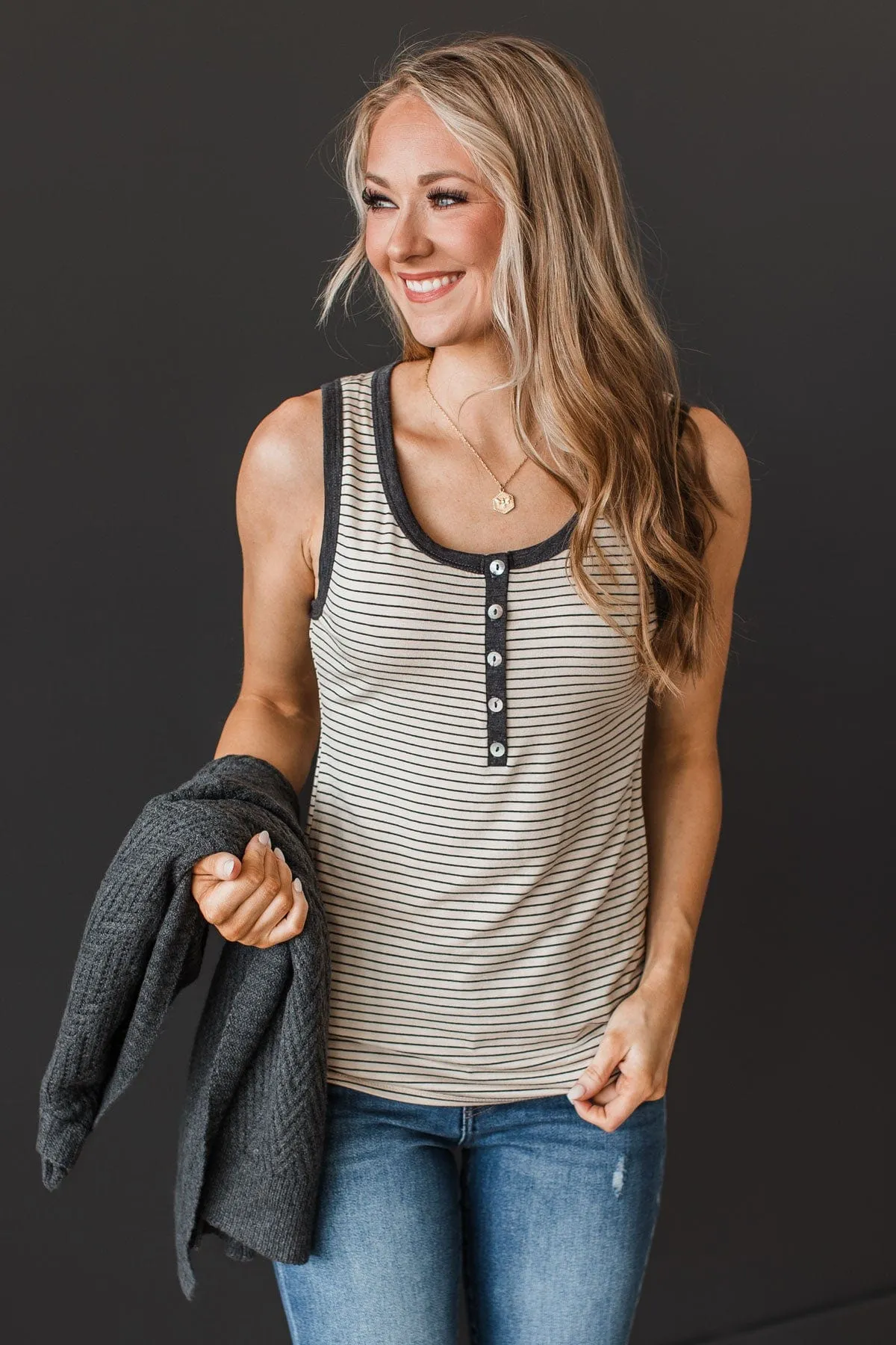 Button Tank Top- Oatmeal & Charcoal