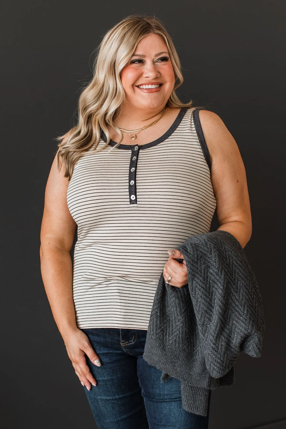 Button Tank Top- Oatmeal & Charcoal