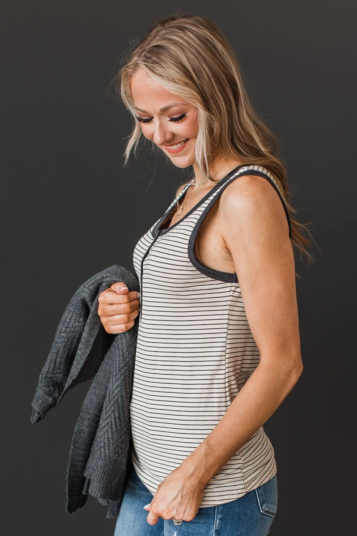 Button Tank Top- Oatmeal & Charcoal