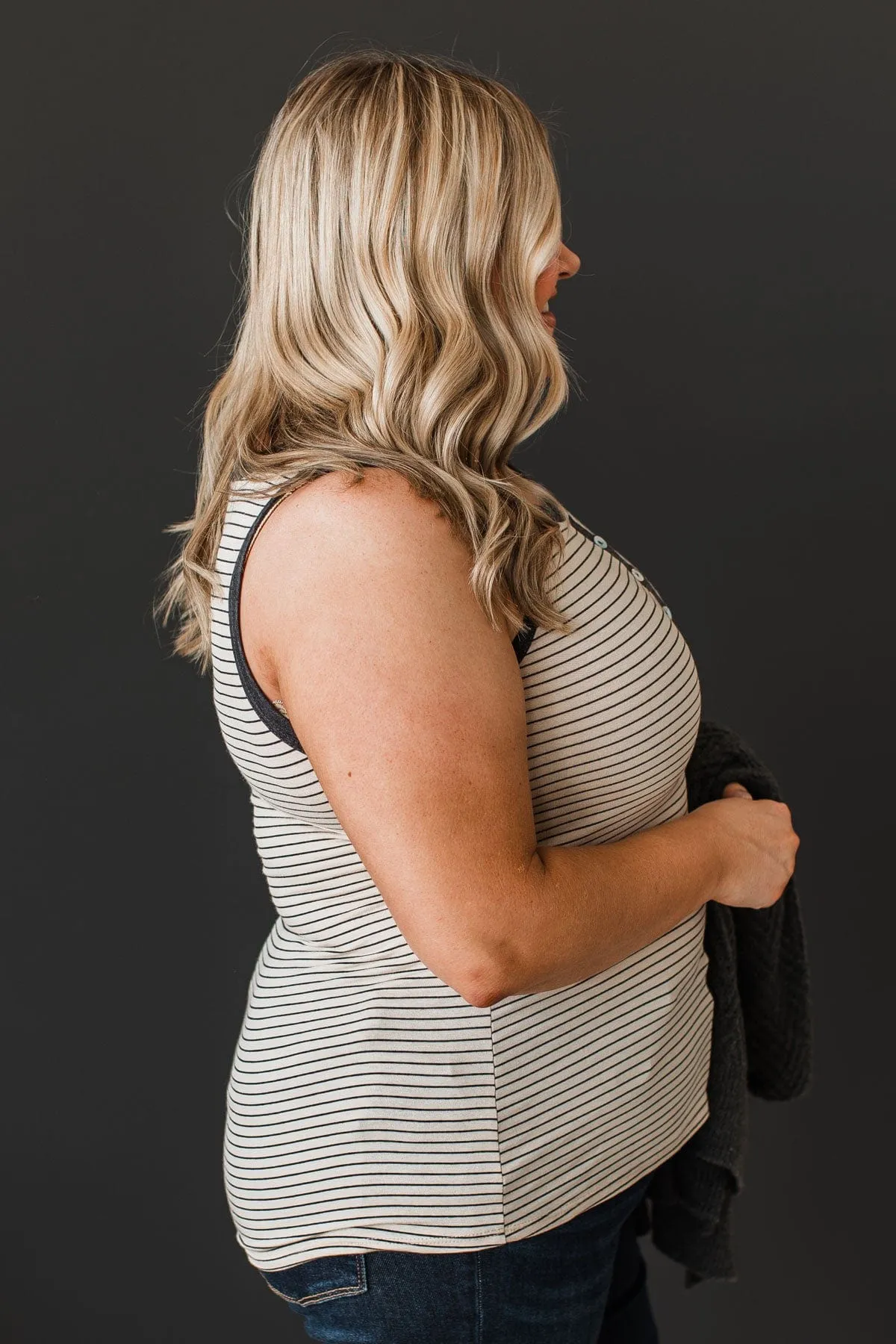 Button Tank Top- Oatmeal & Charcoal