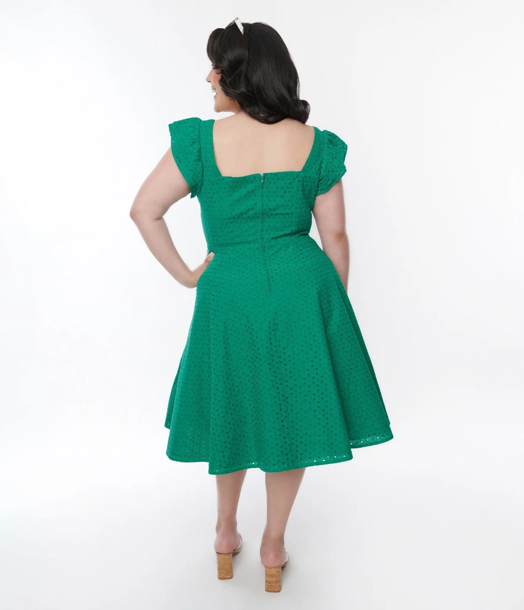 Green Eyelet Swing Dress with Ruffle Sleeves