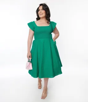 Green Eyelet Swing Dress with Ruffle Sleeves