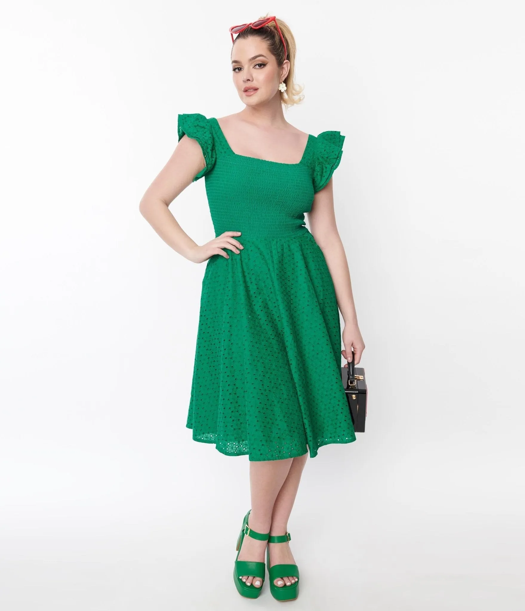 Green Eyelet Swing Dress with Ruffle Sleeves