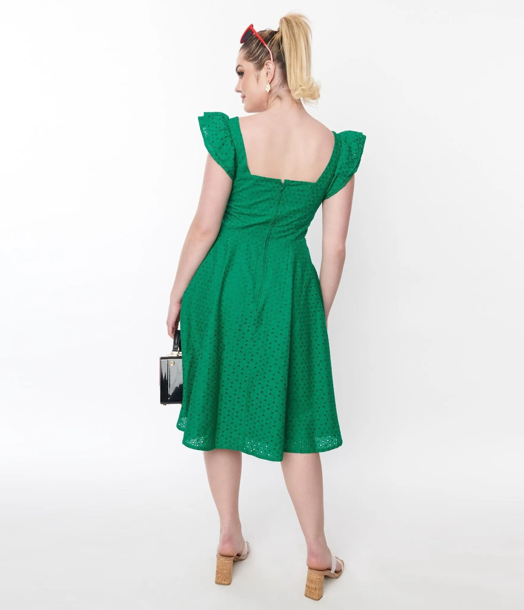 Green Eyelet Swing Dress with Ruffle Sleeves