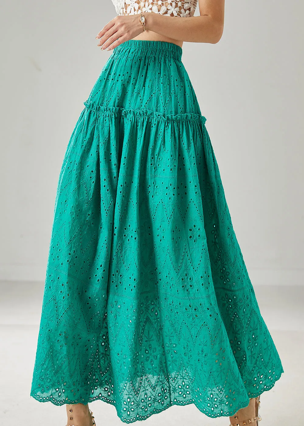 Green Ruffled Cotton Skirts with Extra Large Hem