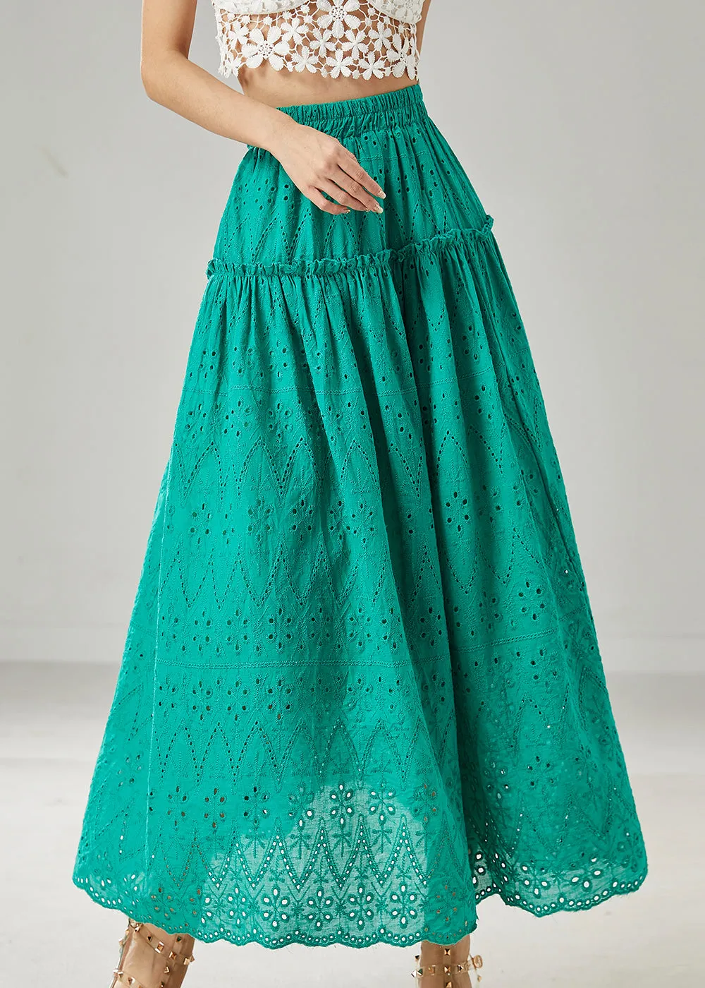 Green Ruffled Cotton Skirts with Extra Large Hem