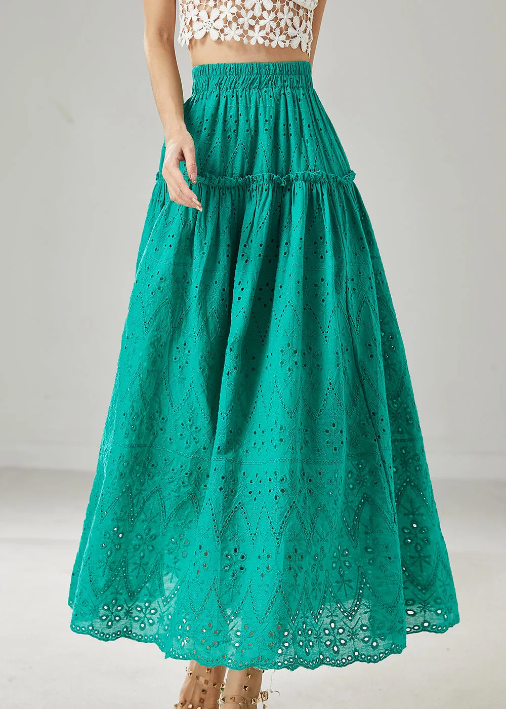 Green Ruffled Cotton Skirts with Extra Large Hem