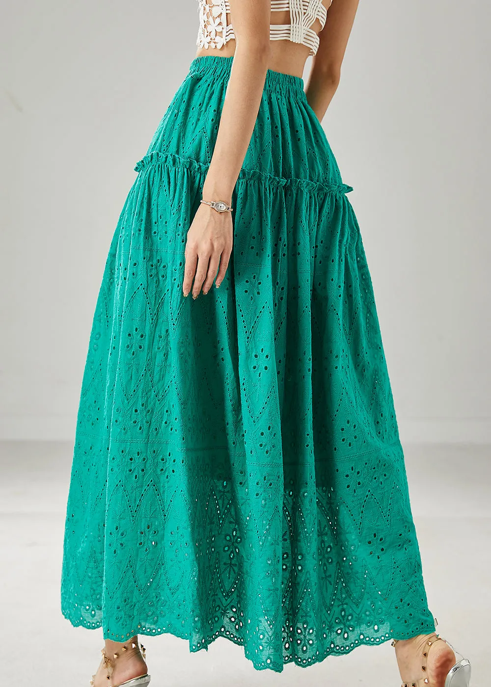 Green Ruffled Cotton Skirts with Extra Large Hem