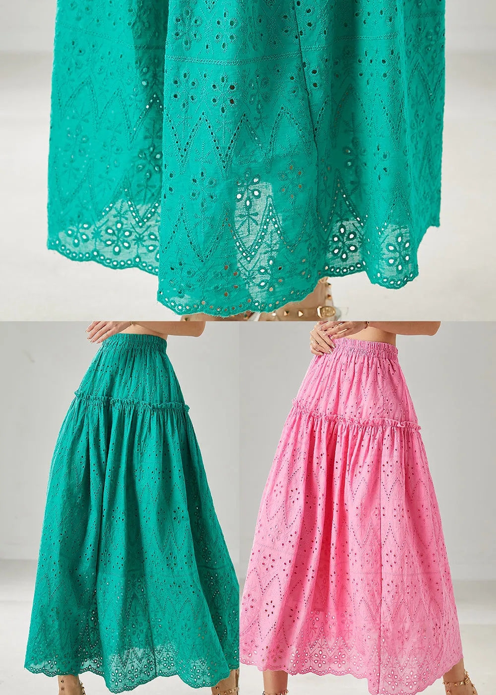 Green Ruffled Cotton Skirts with Extra Large Hem