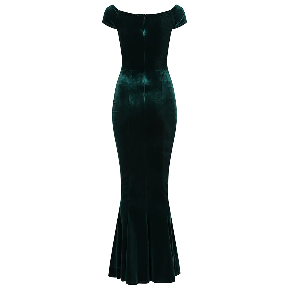 Green Velour Maxi Dress with Cap Sleeves and Fishtail Hem