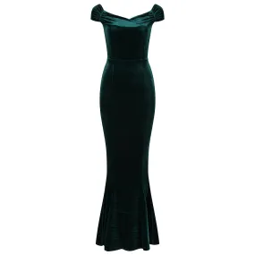 Green Velour Maxi Dress with Cap Sleeves and Fishtail Hem