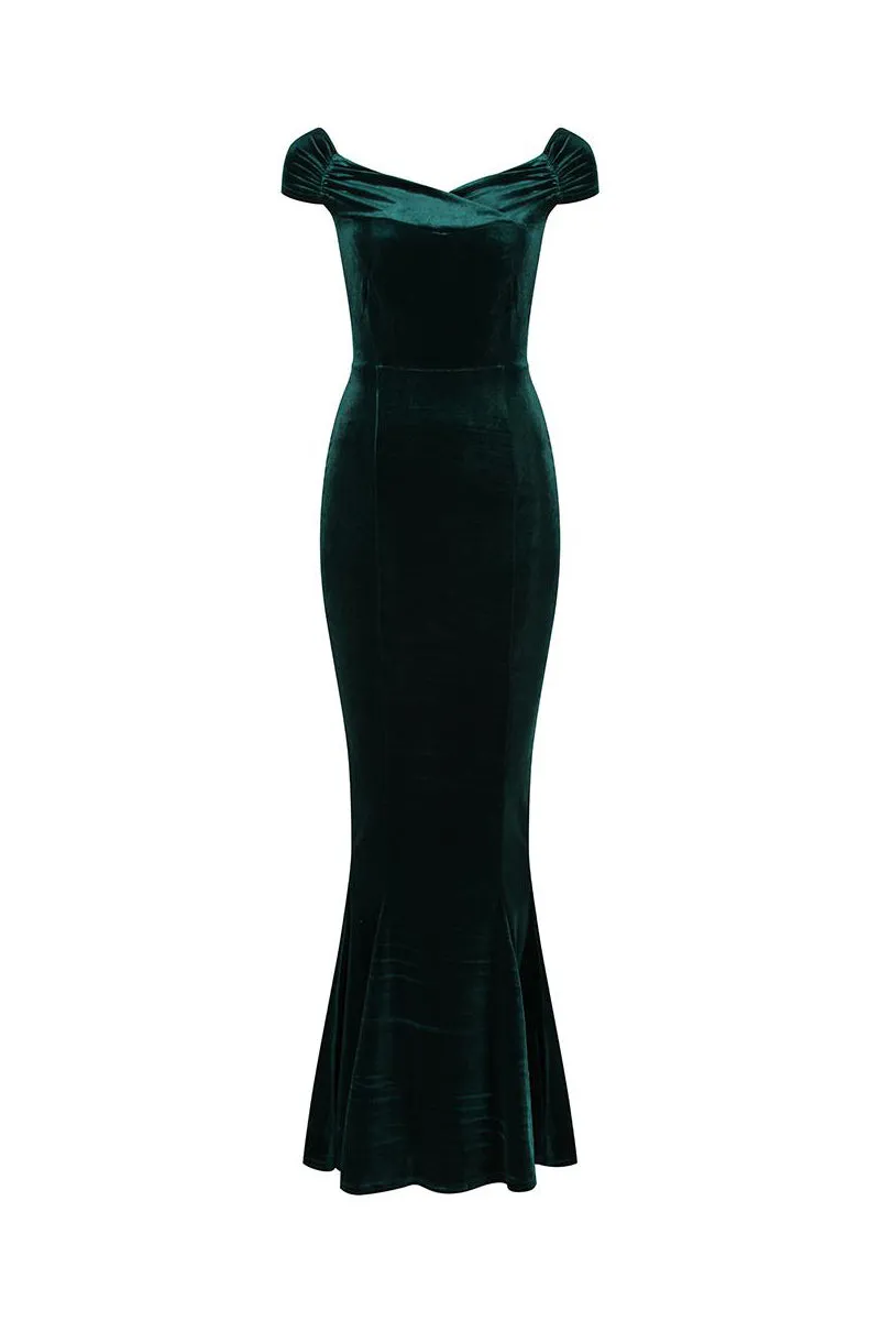 Green Velour Maxi Dress with Cap Sleeves and Fishtail Hem