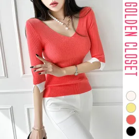 Casual V-Neck Bi-color Cropped Plain Short Sleeves