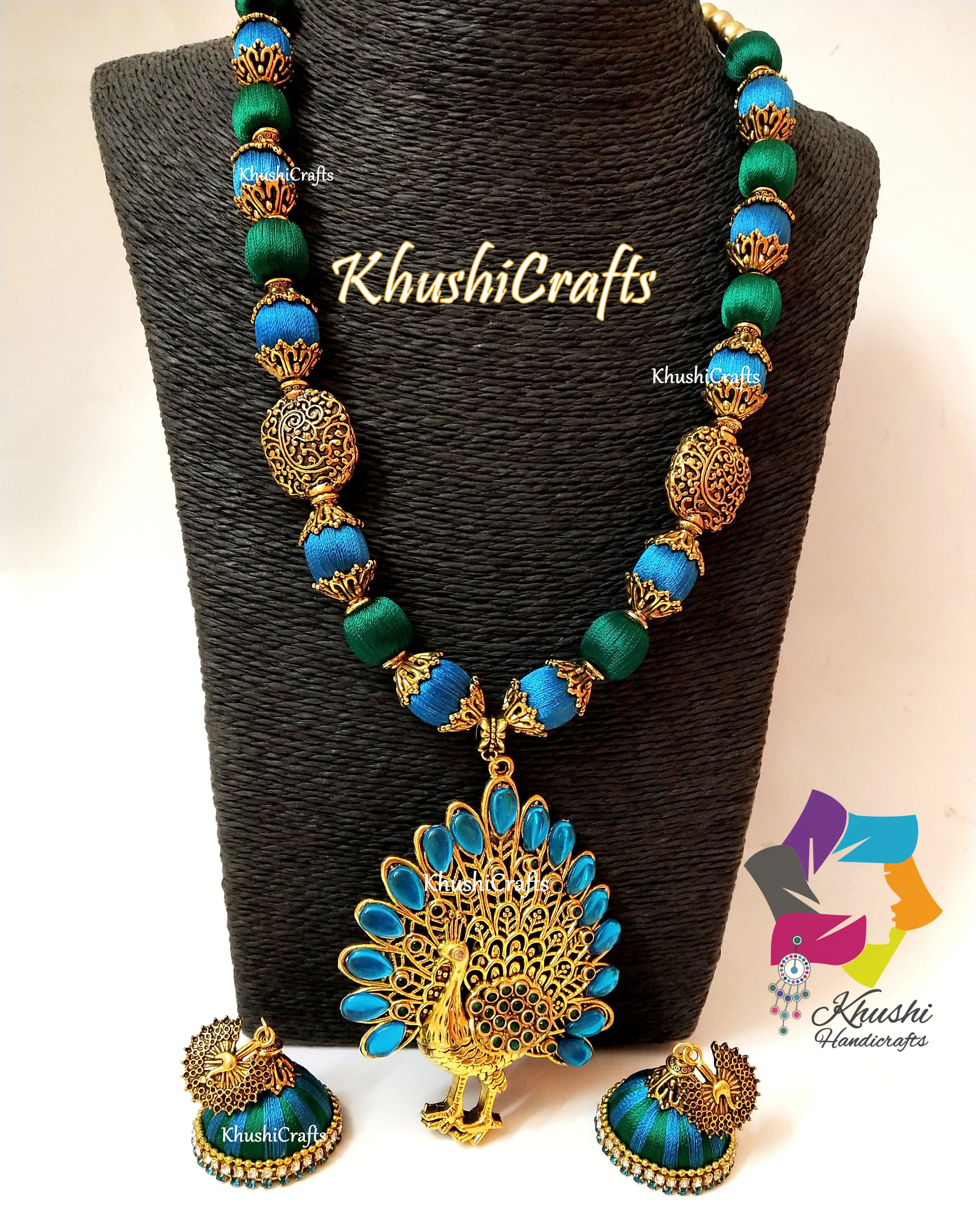 Peacock Shade Silk Thread Necklace Set with Pendant & Jhumkas