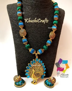 Peacock Shade Silk Thread Necklace Set with Pendant & Jhumkas